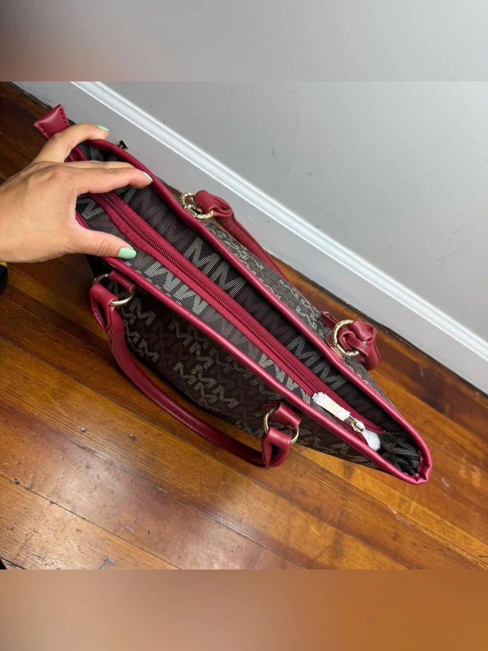 Monogram Tote with Burgundy Trim and Gold Accent